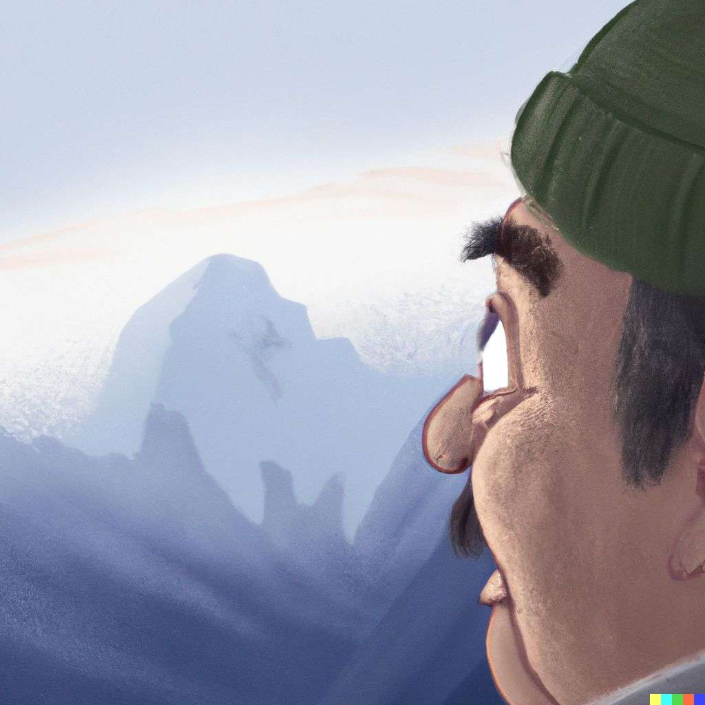 someone gazing at Mount Everest, digital art, caricature